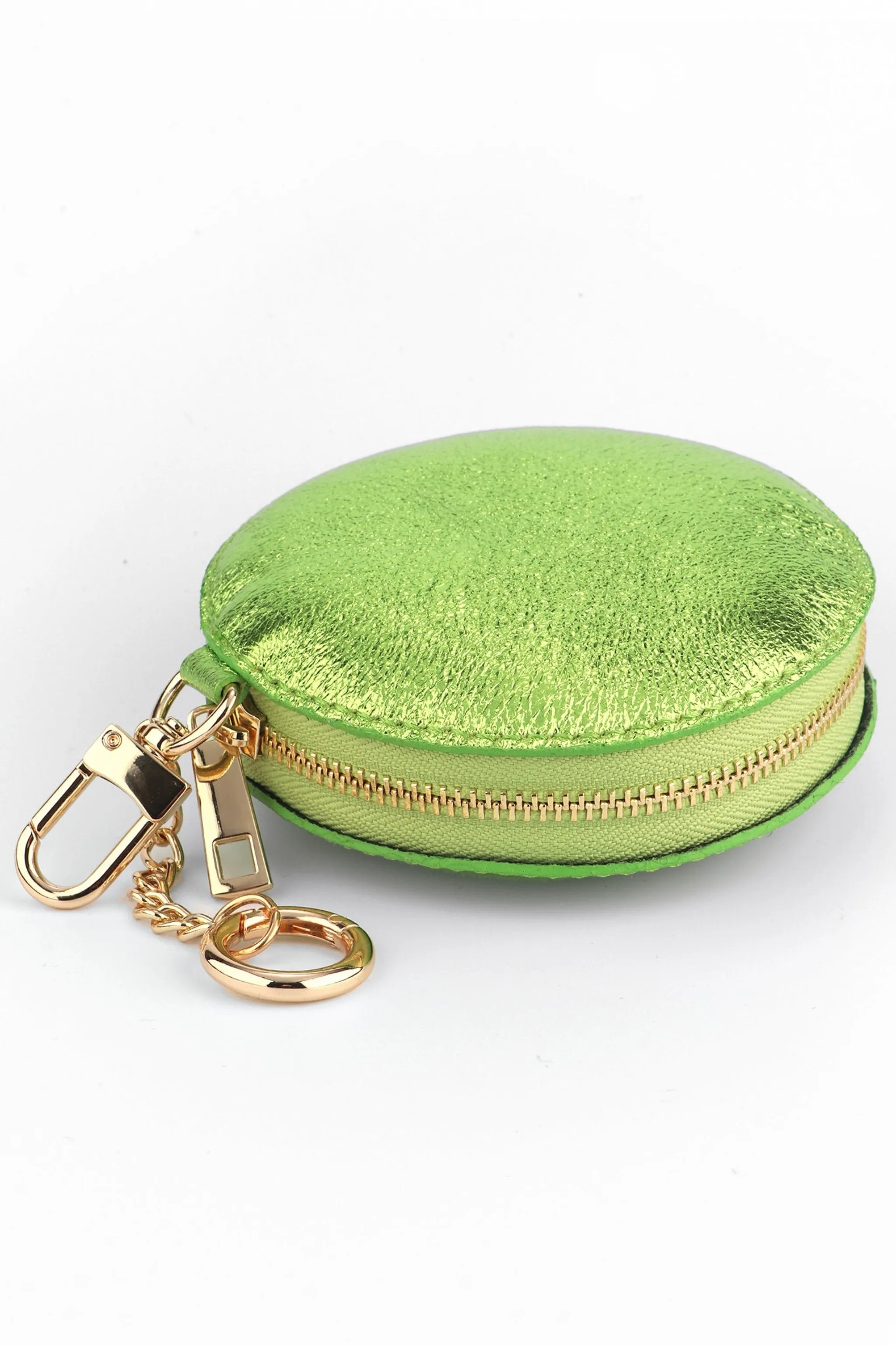 Italian Leather Round Clip-On Coin Purse in Metallic Lime Green