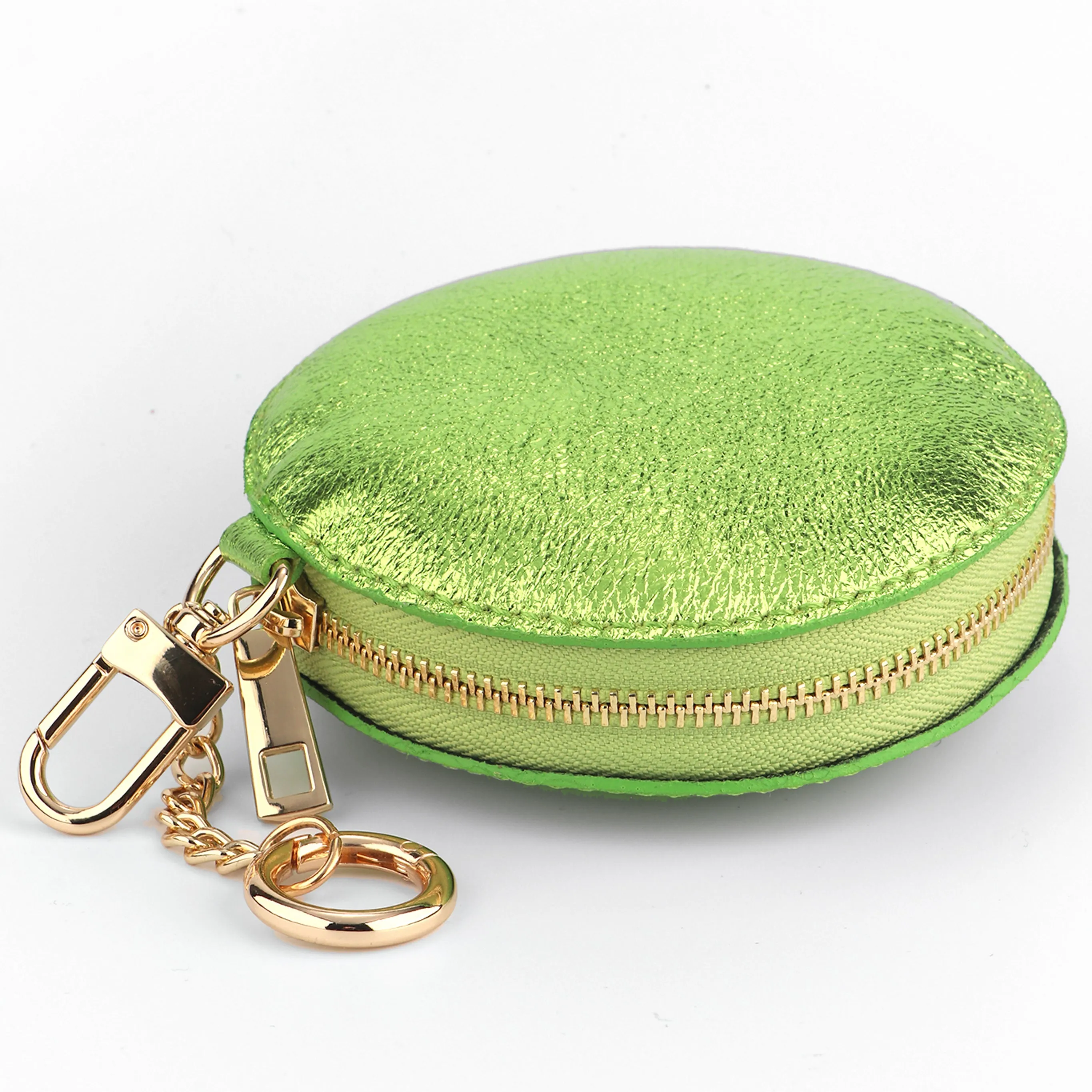 Italian Leather Round Clip-On Coin Purse in Metallic Lime Green