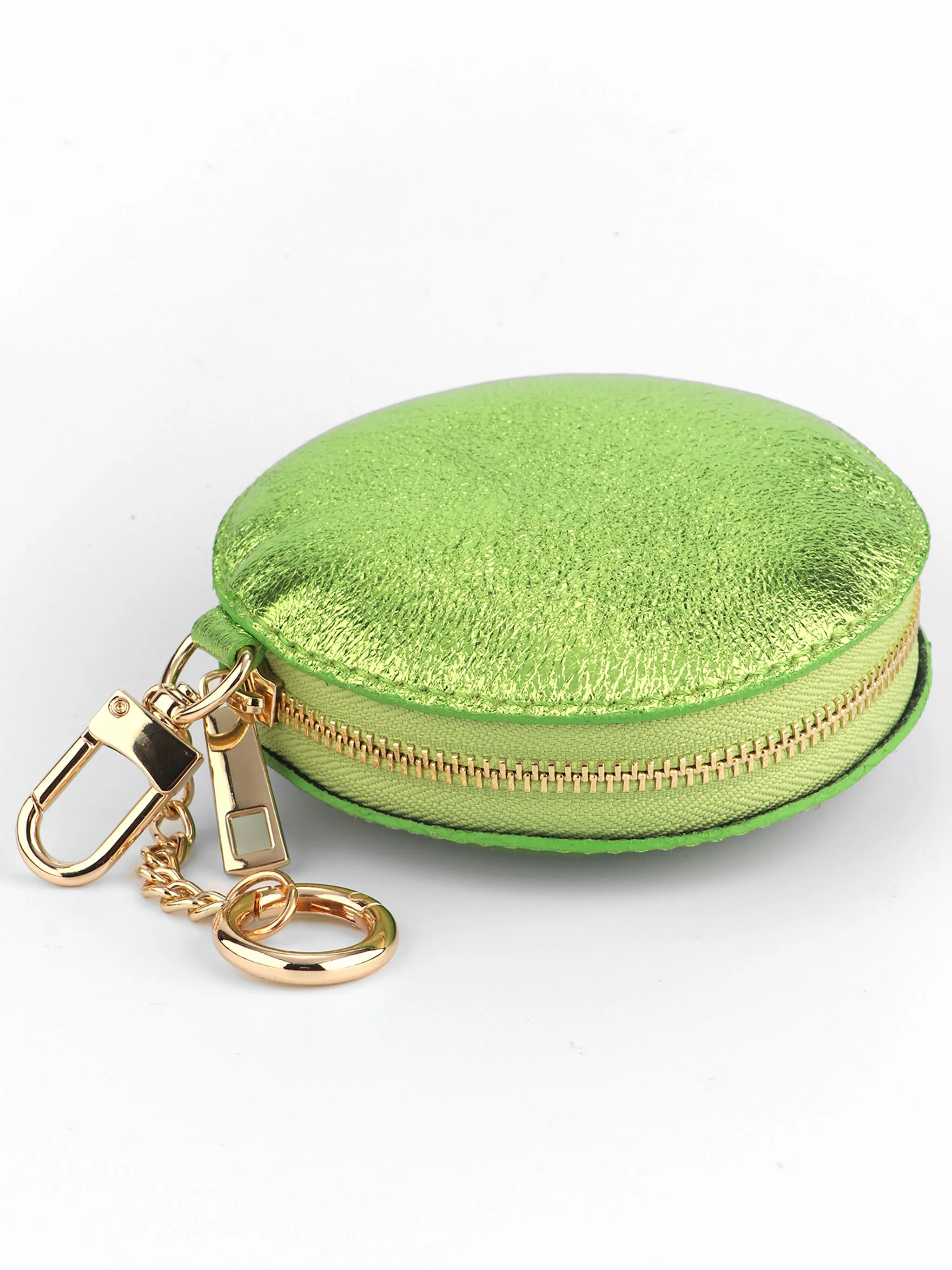 Italian Leather Round Clip-On Coin Purse in Metallic Lime Green