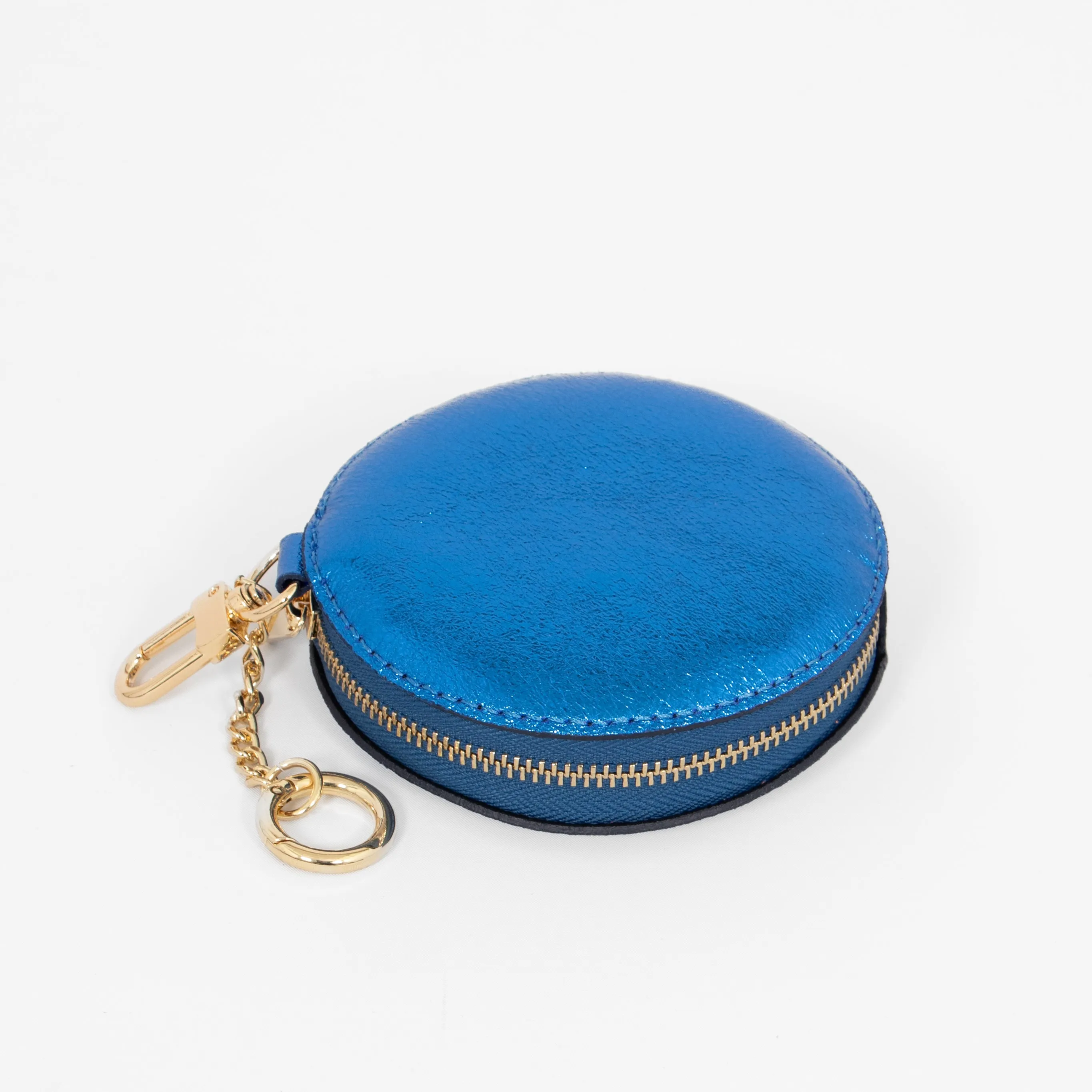 Metallic Royal Blue Leather Round Clip-On Coin Purse