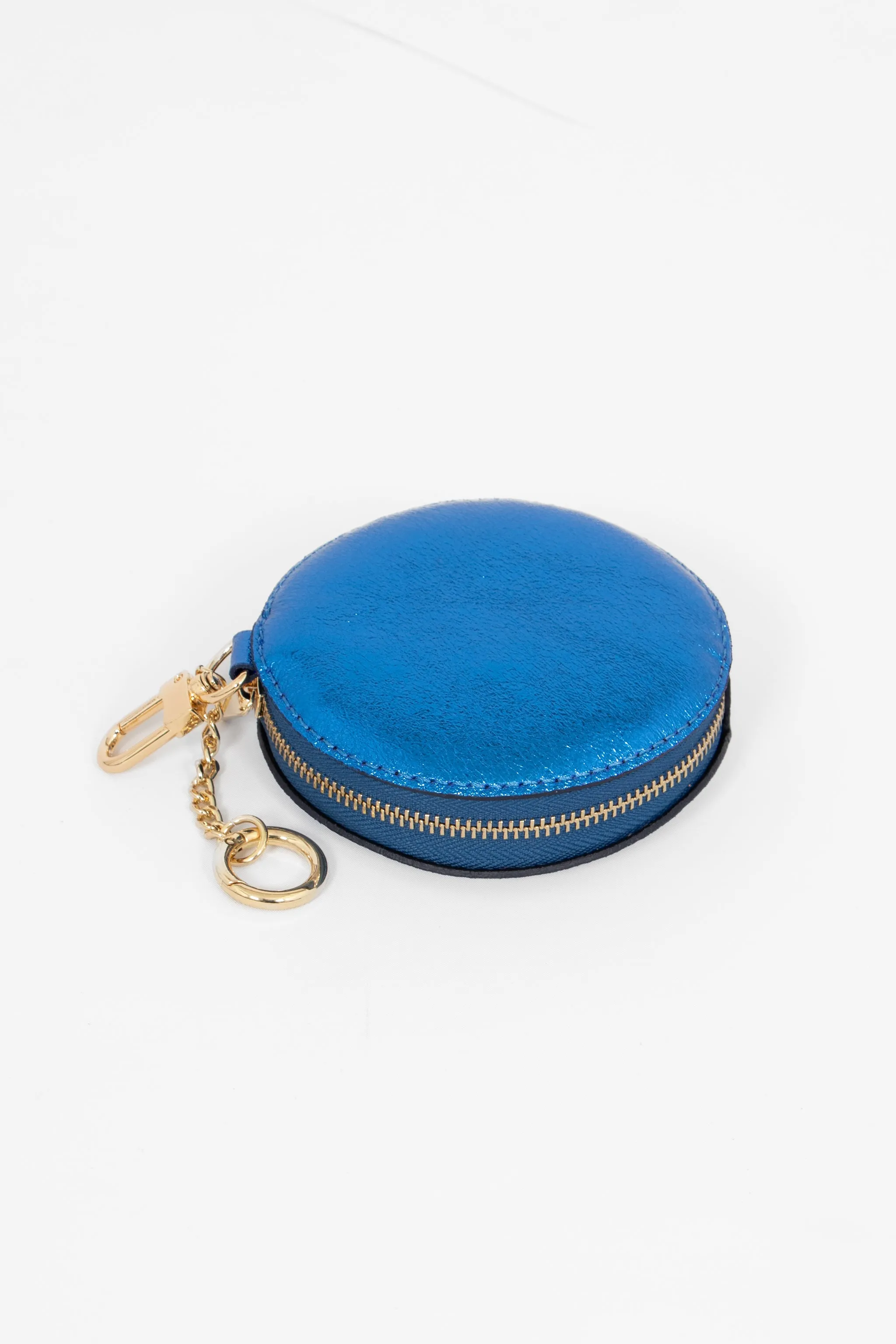 Metallic Royal Blue Leather Round Clip-On Coin Purse
