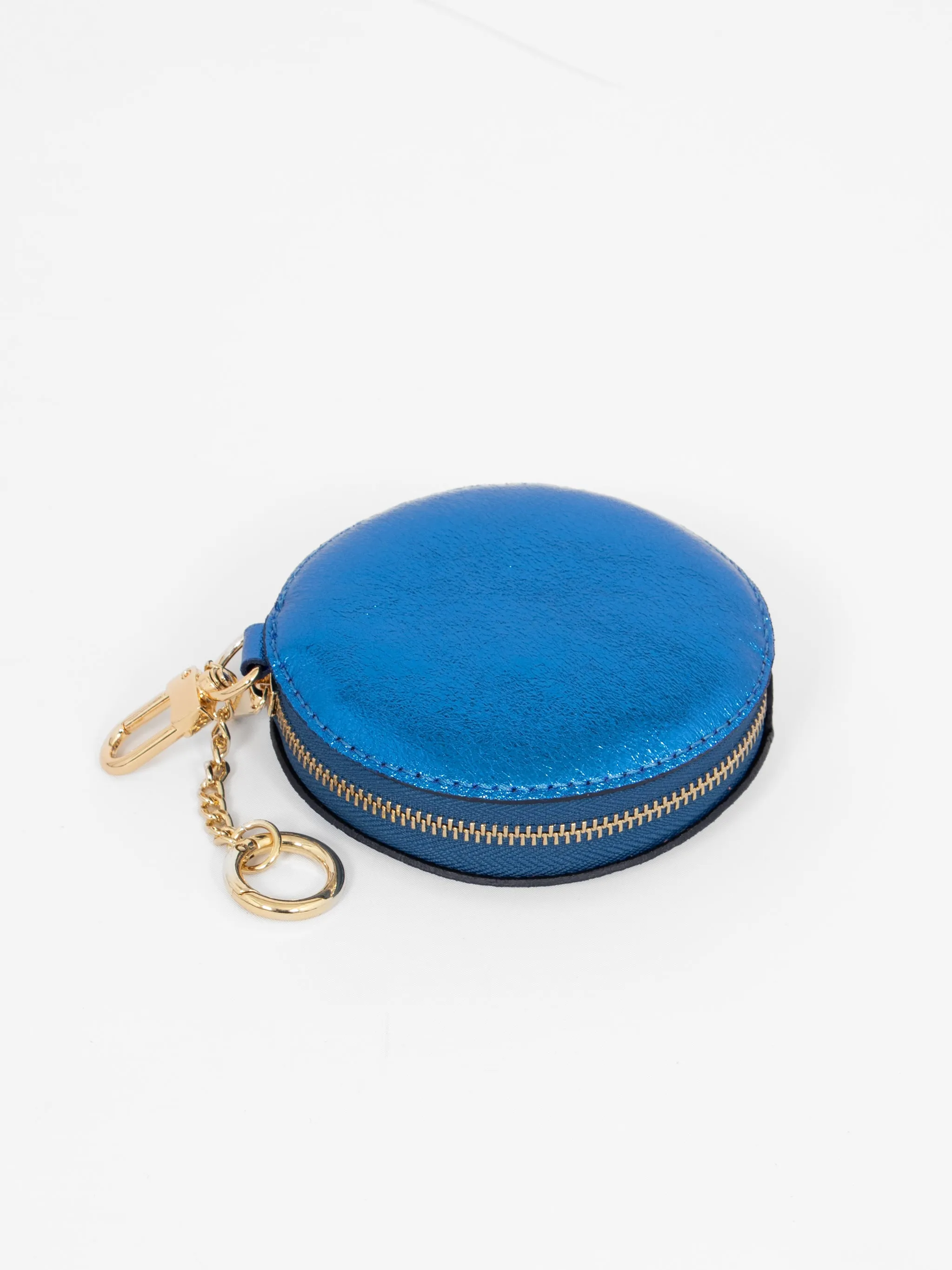 Metallic Royal Blue Leather Round Clip-On Coin Purse
