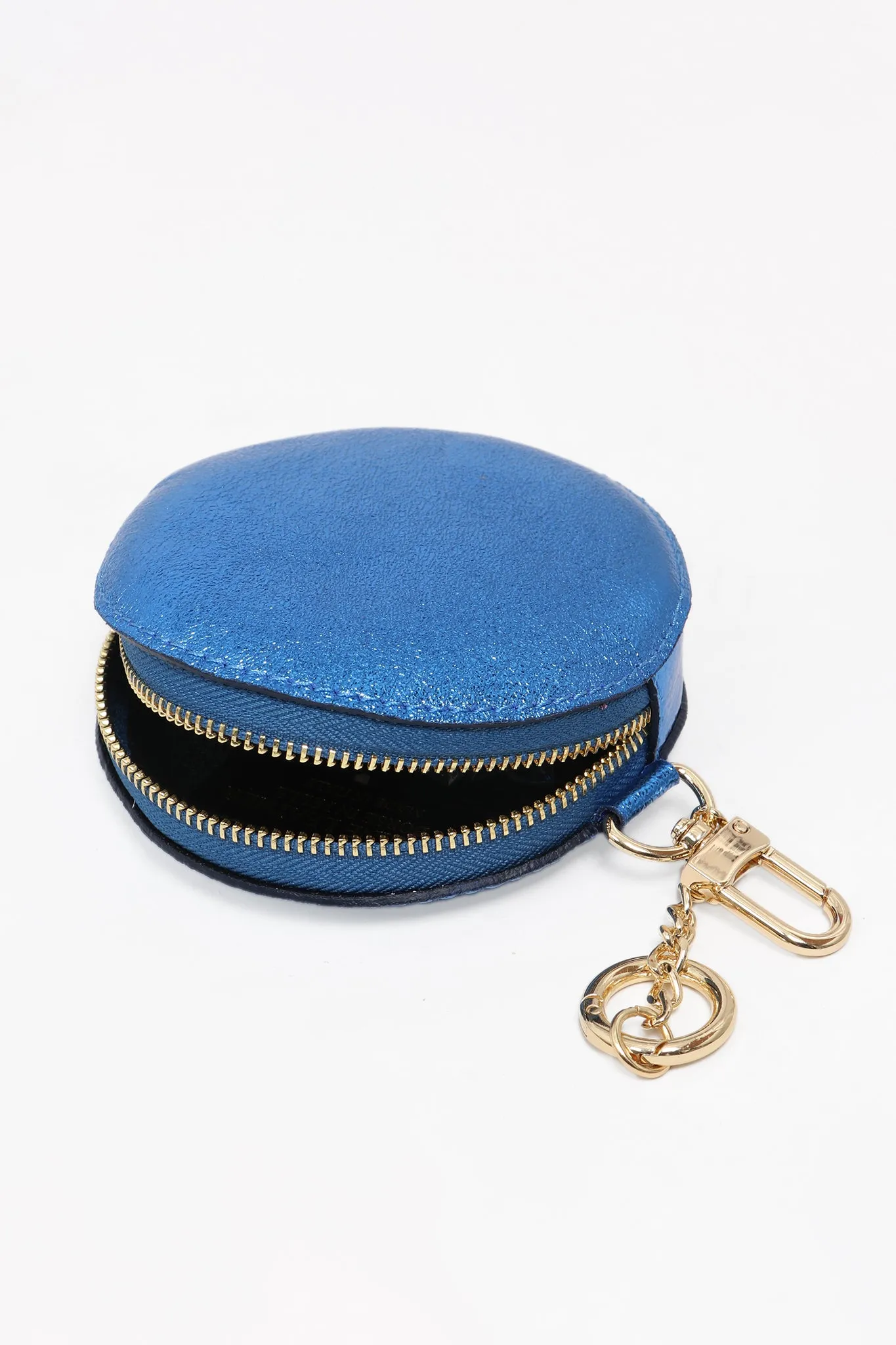 Metallic Royal Blue Leather Round Clip-On Coin Purse