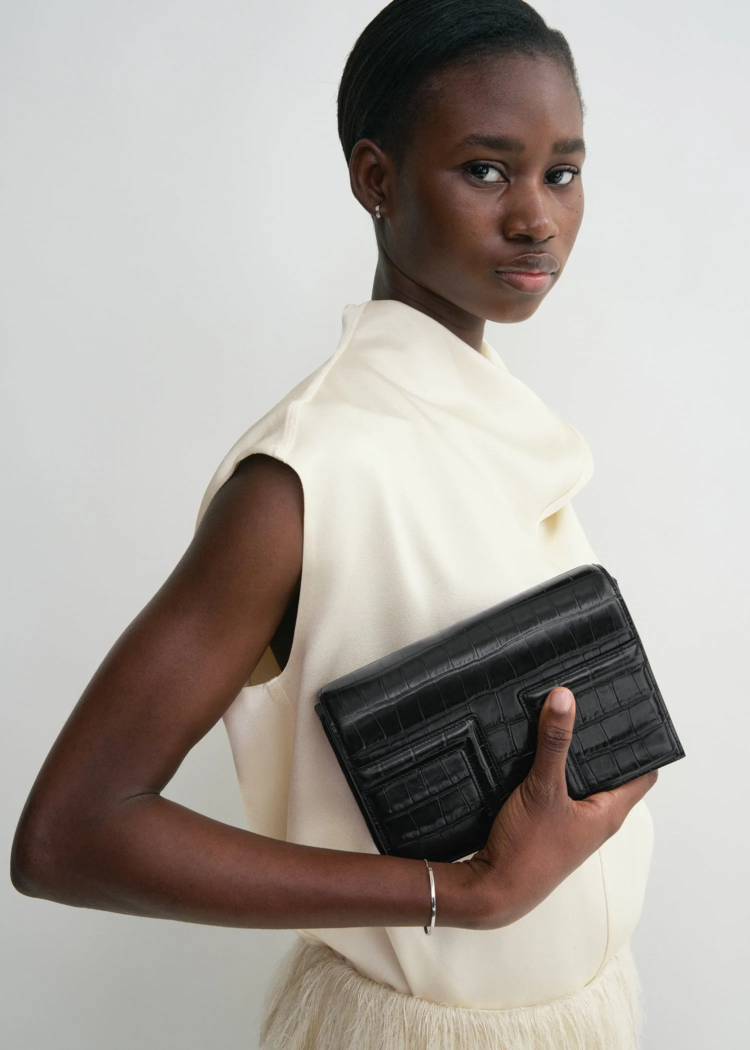 Mini T-Flap croco-embossed bag dark brown