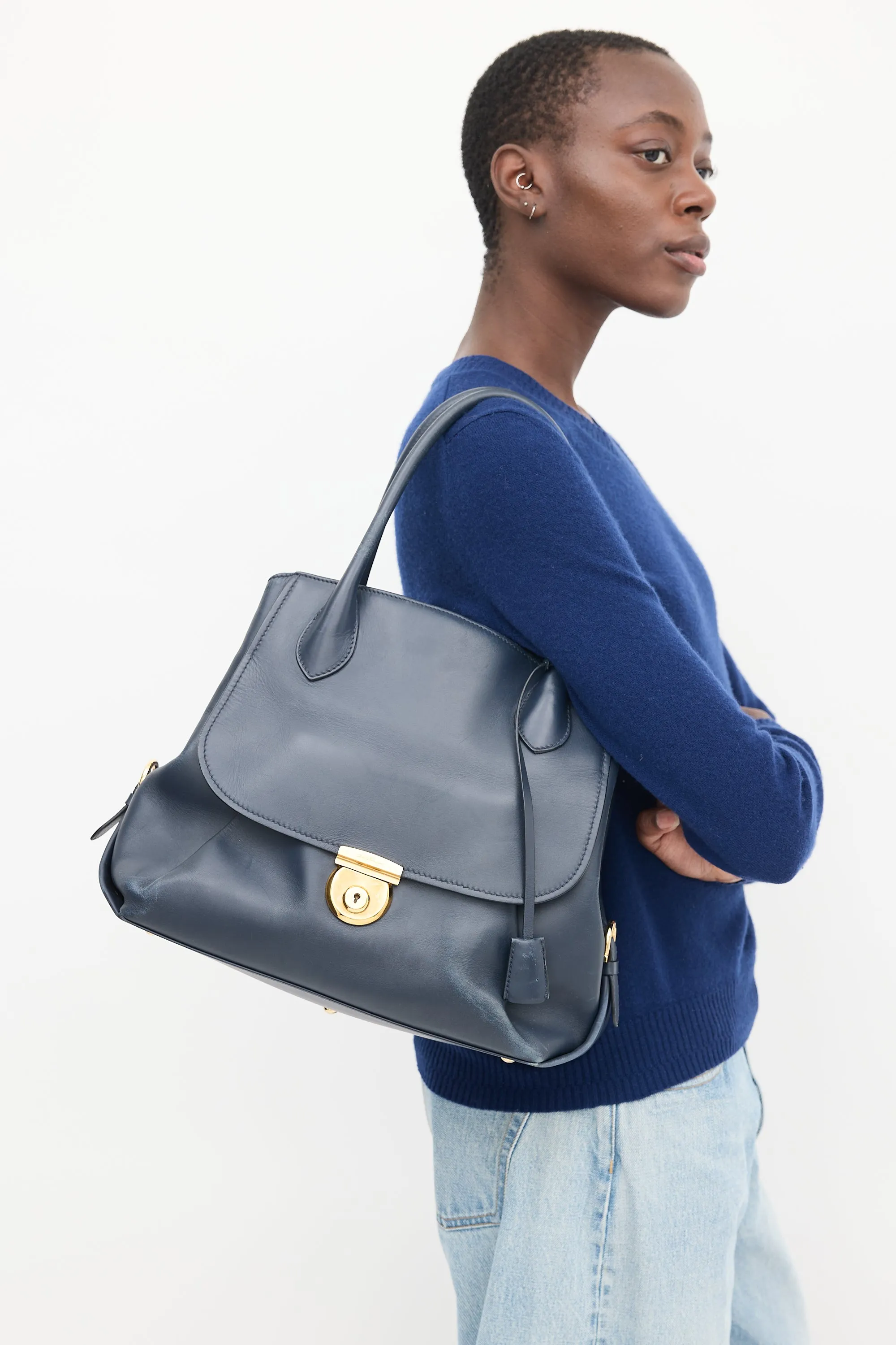 Navy Leather Fiamma Bag