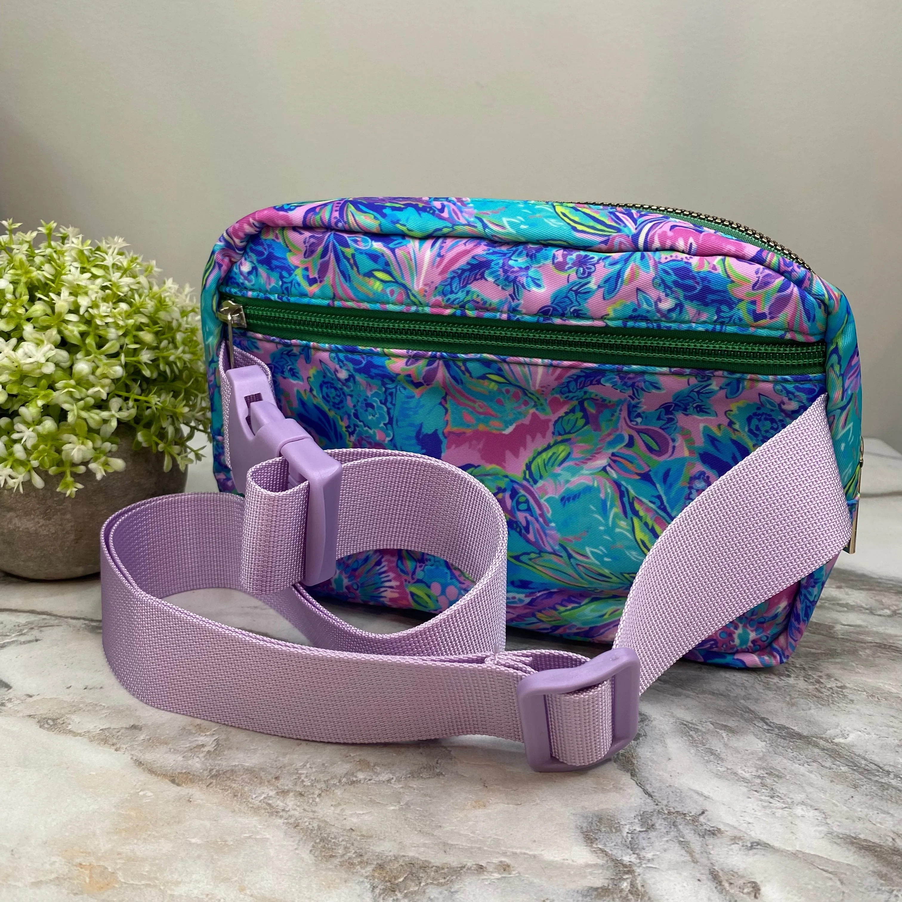 Nylon Belt Bag - Crossbody   Fanny - Floral Blue Green Light Purple