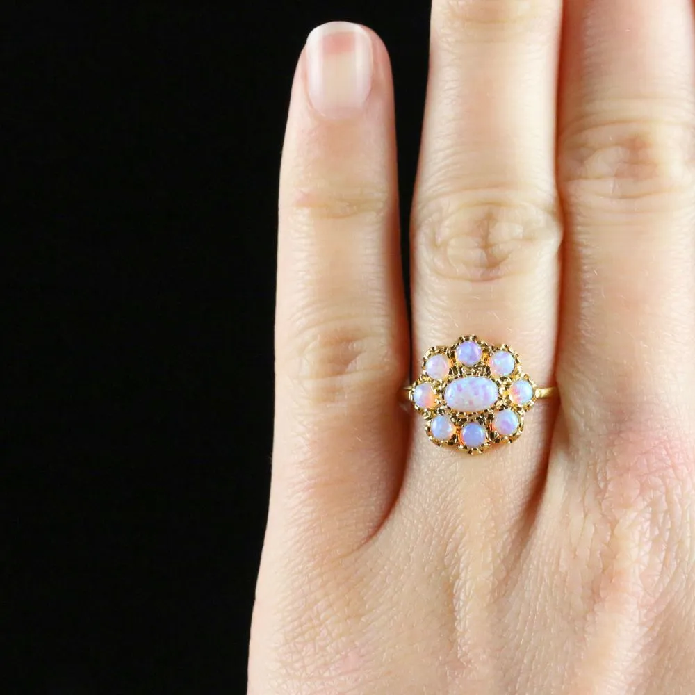Opal Cluster Flower Ring 18Ct Gold On Silver
