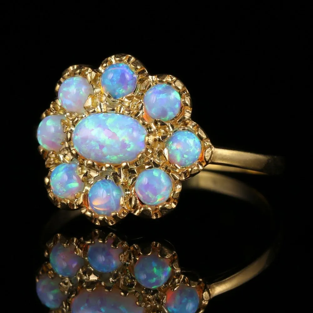 Opal Cluster Flower Ring 18Ct Gold On Silver