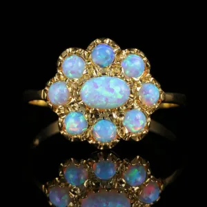 Opal Cluster Flower Ring 18Ct Gold On Silver