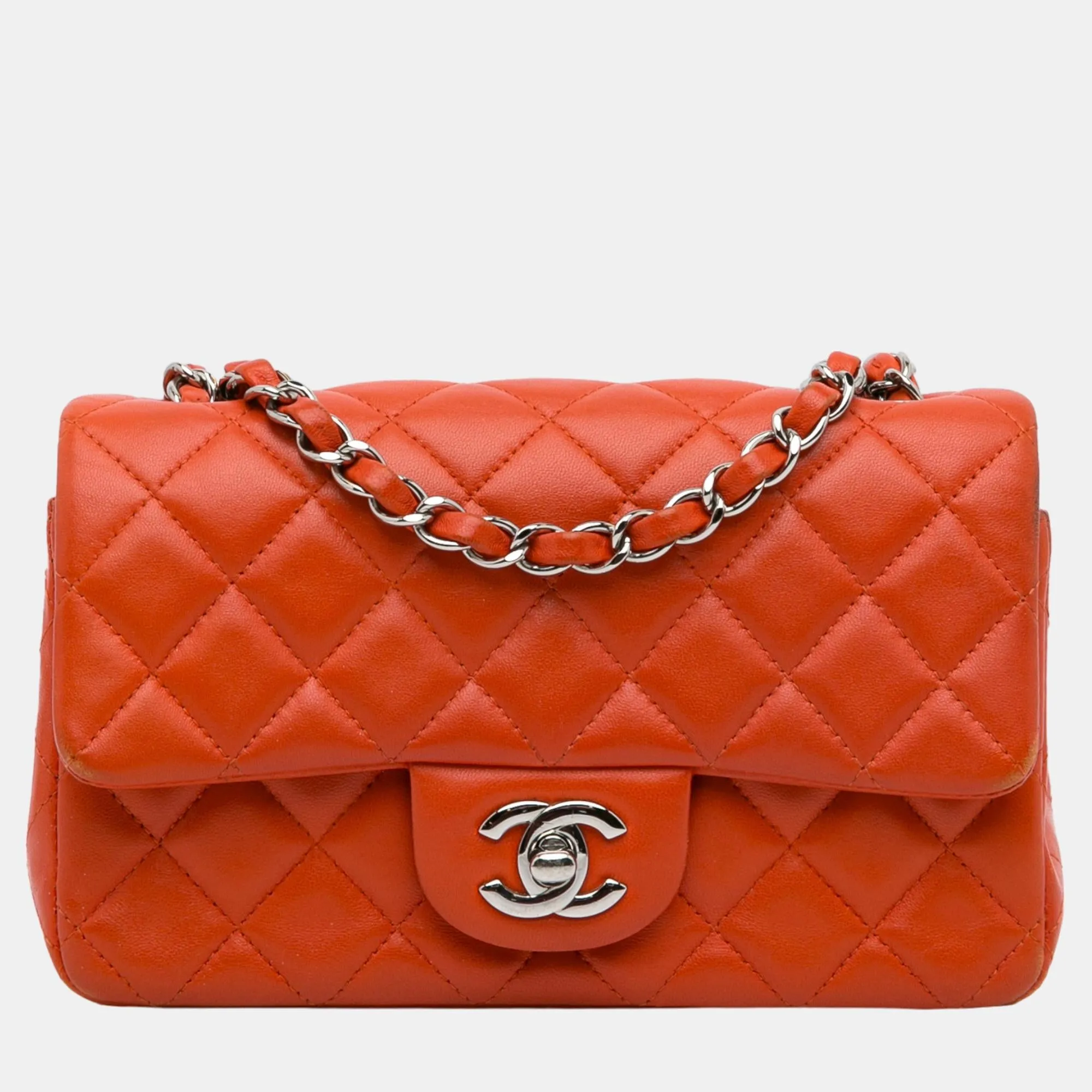 Orange Mini Classic Lambskin Rectangular Single Flap
