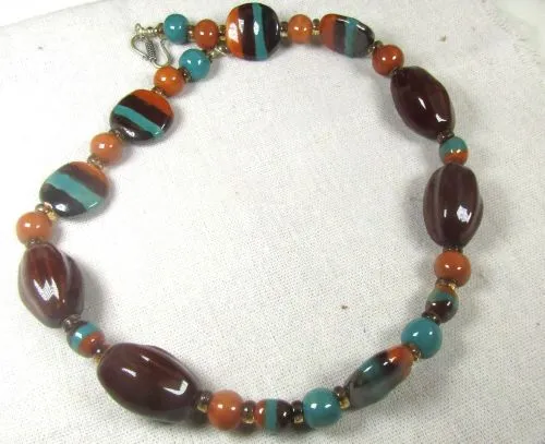 Peacock and Brown Beaded Kazuri Necklace