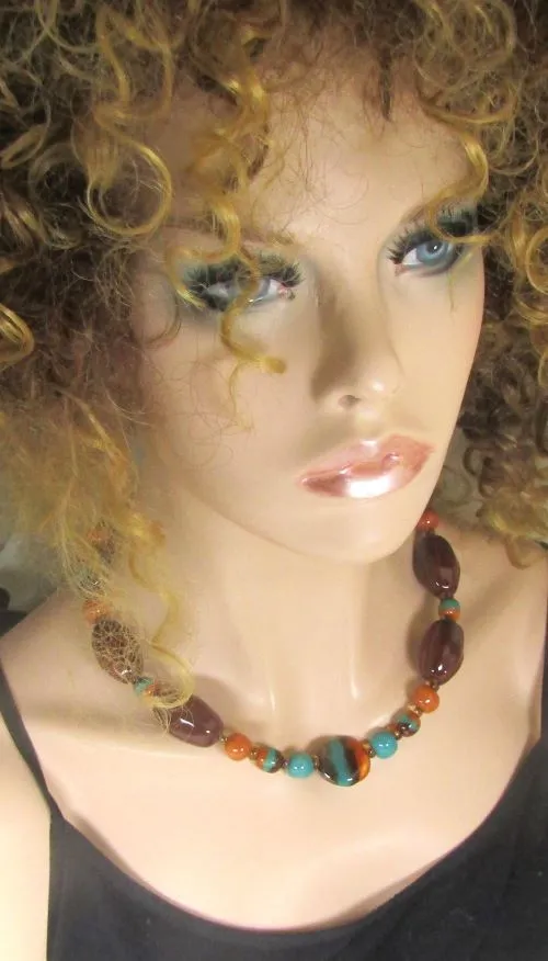 Peacock and Brown Beaded Kazuri Necklace