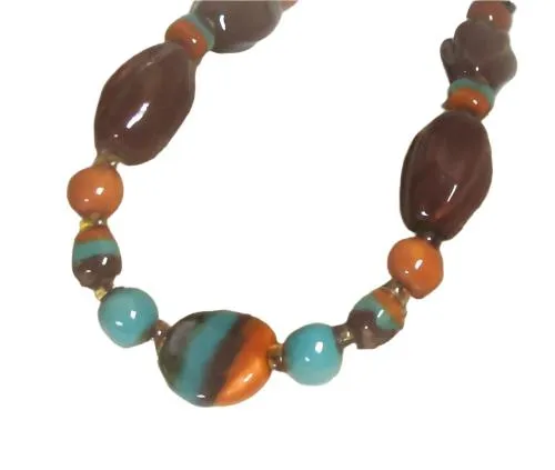 Peacock and Brown Beaded Kazuri Necklace
