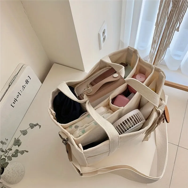 realaiot  Canvas Tote Bag With Seperations, Durable Lightweight Shoulder Bag, Casual Practical Commuter Mommy Bag