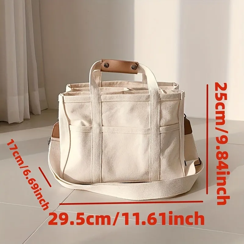 realaiot  Canvas Tote Bag With Seperations, Durable Lightweight Shoulder Bag, Casual Practical Commuter Mommy Bag