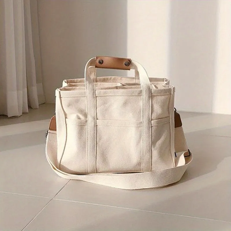 realaiot  Canvas Tote Bag With Seperations, Durable Lightweight Shoulder Bag, Casual Practical Commuter Mommy Bag