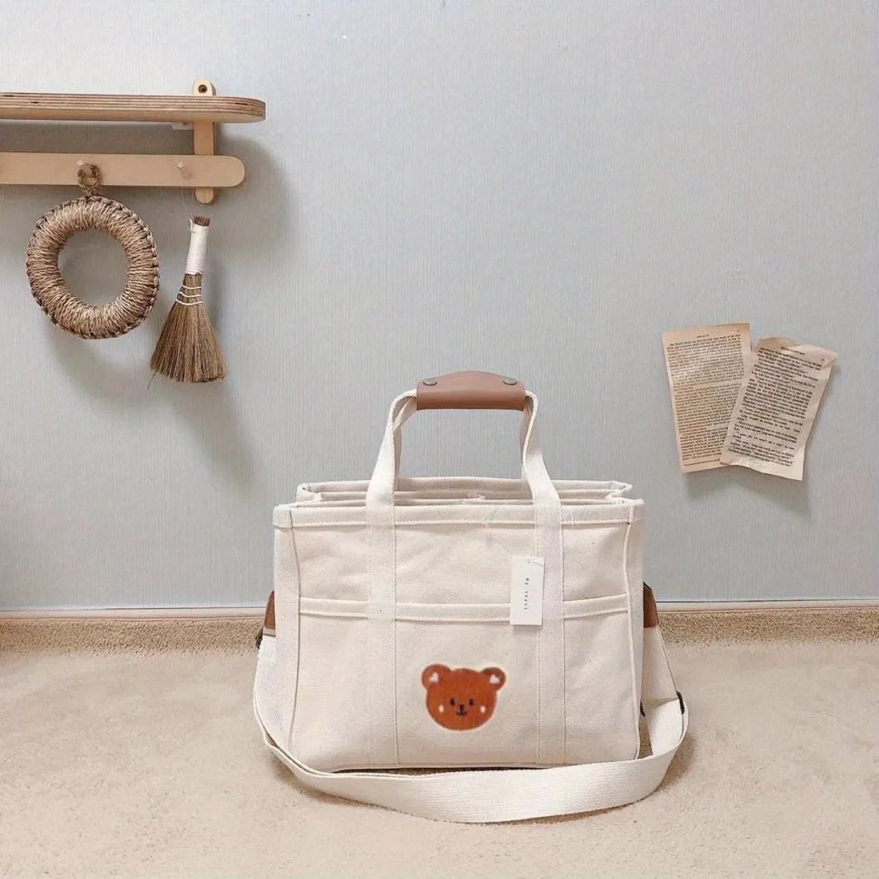 realaiot  Canvas Tote Bag With Seperations, Durable Lightweight Shoulder Bag, Casual Practical Commuter Mommy Bag