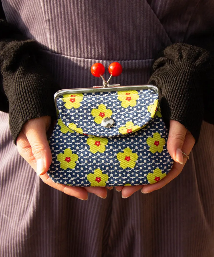 Sunflower Print Double Clasp Coin Purse / Gamaguchi Japanese Coin Purse