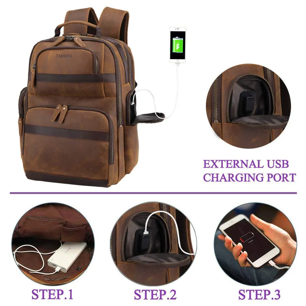 Tiding Men's Leather Backpack Vintage 15.6 Inch Laptop Bag Large Capacity Business Travel Hiking Shoulder Daypacks with USB Charging Port & YKK Zipper