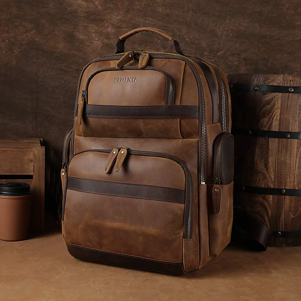 Tiding Men's Leather Backpack Vintage 15.6 Inch Laptop Bag Large Capacity Business Travel Hiking Shoulder Daypacks with USB Charging Port & YKK Zipper