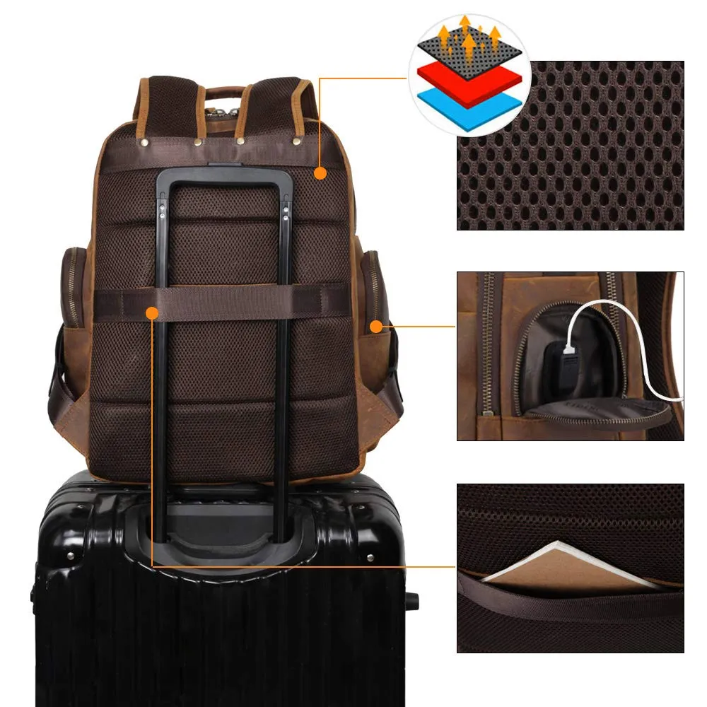 Tiding Men's Leather Backpack Vintage 15.6 Inch Laptop Bag Large Capacity Business Travel Hiking Shoulder Daypacks with USB Charging Port & YKK Zipper