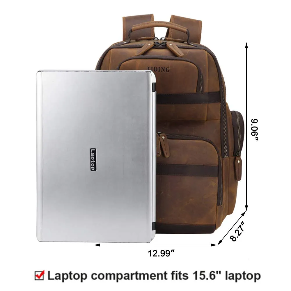 Tiding Men's Leather Backpack Vintage 15.6 Inch Laptop Bag Large Capacity Business Travel Hiking Shoulder Daypacks with USB Charging Port & YKK Zipper