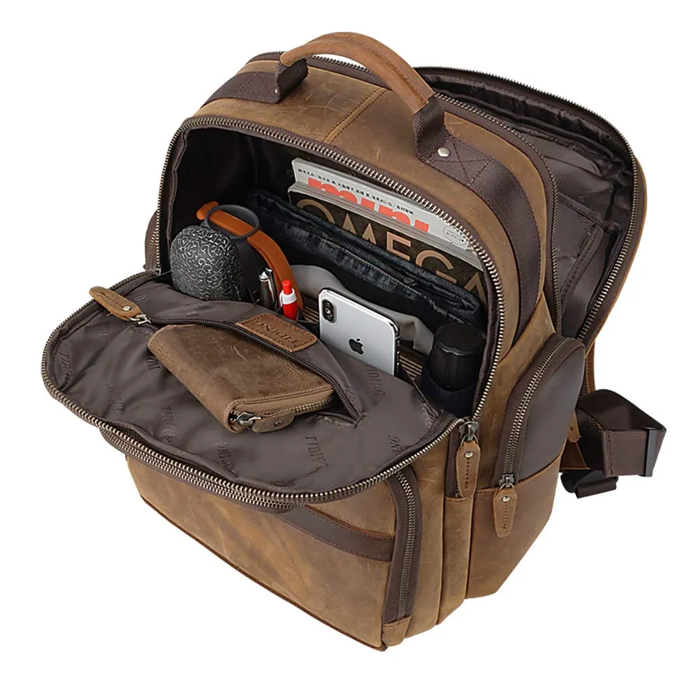 Tiding Men's Leather Backpack Vintage 15.6 Inch Laptop Bag Large Capacity Business Travel Hiking Shoulder Daypacks with USB Charging Port & YKK Zipper