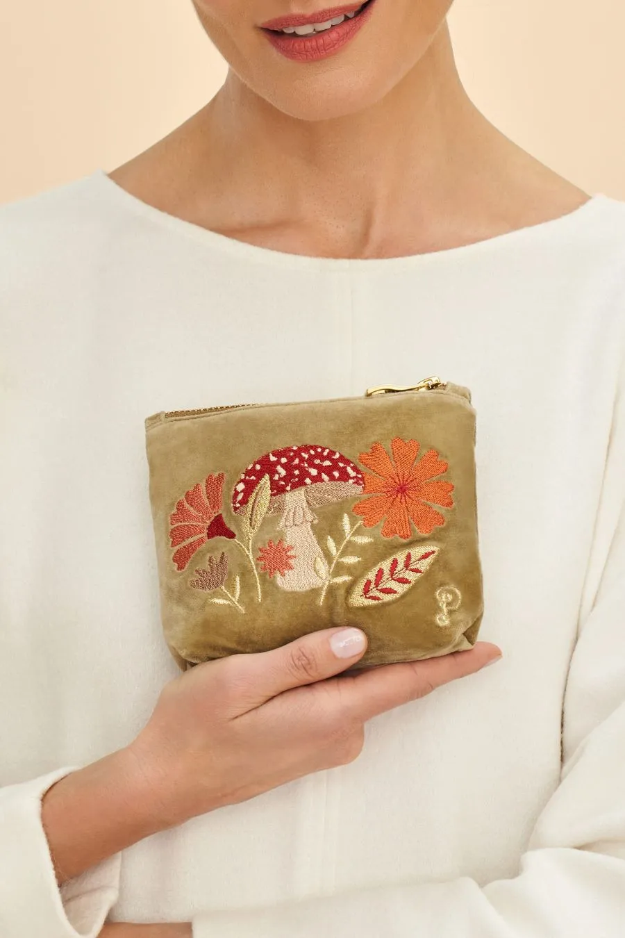 Velvet Embroidered Mini Pouch - Tranquil Toadstool, Sage