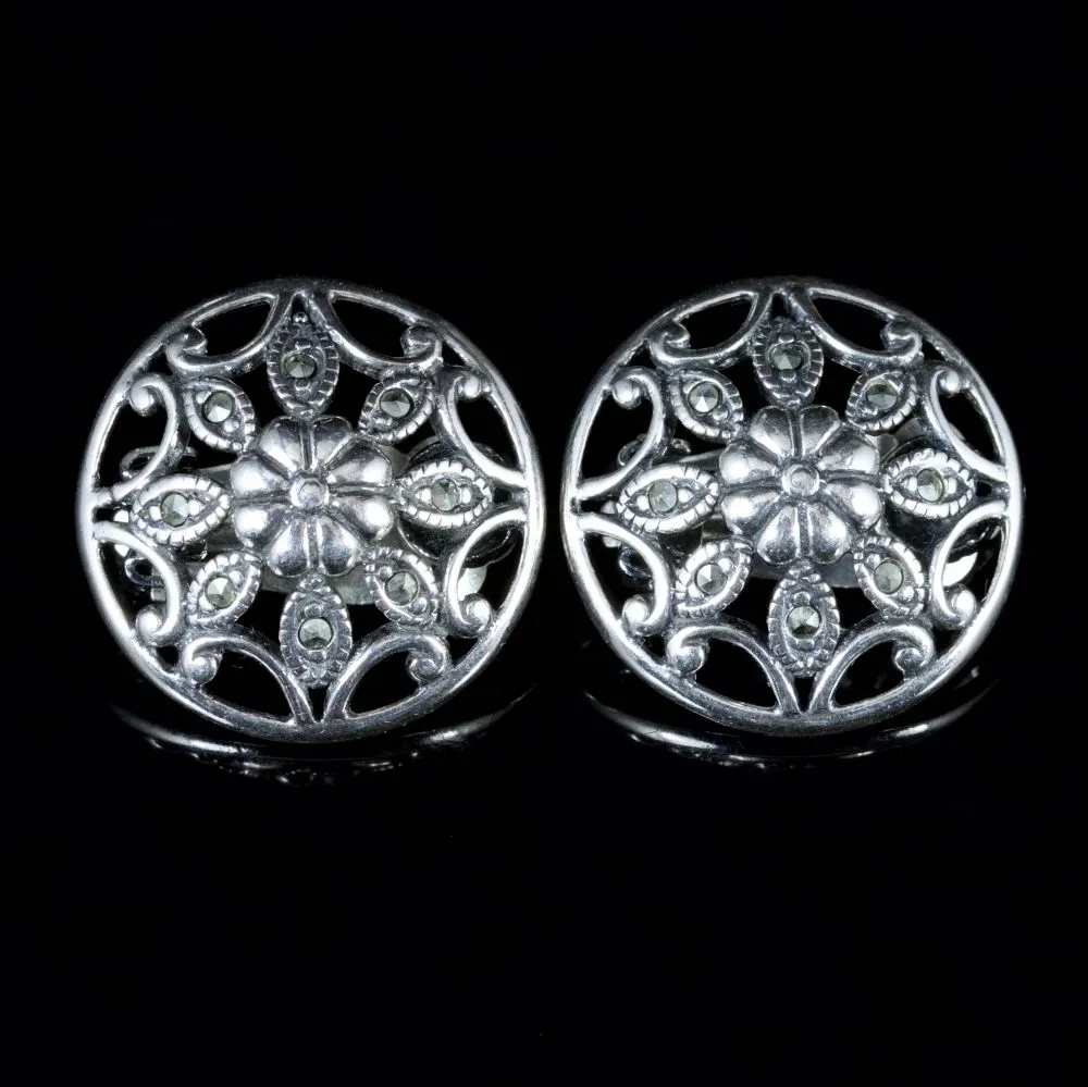 Victorian Style Marcasite Floral Clip On Earrings Silver