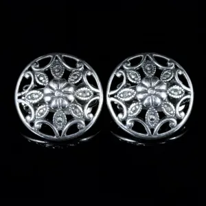 Victorian Style Marcasite Floral Clip On Earrings Silver