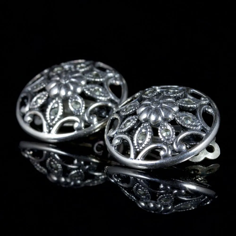 Victorian Style Marcasite Floral Clip On Earrings Silver