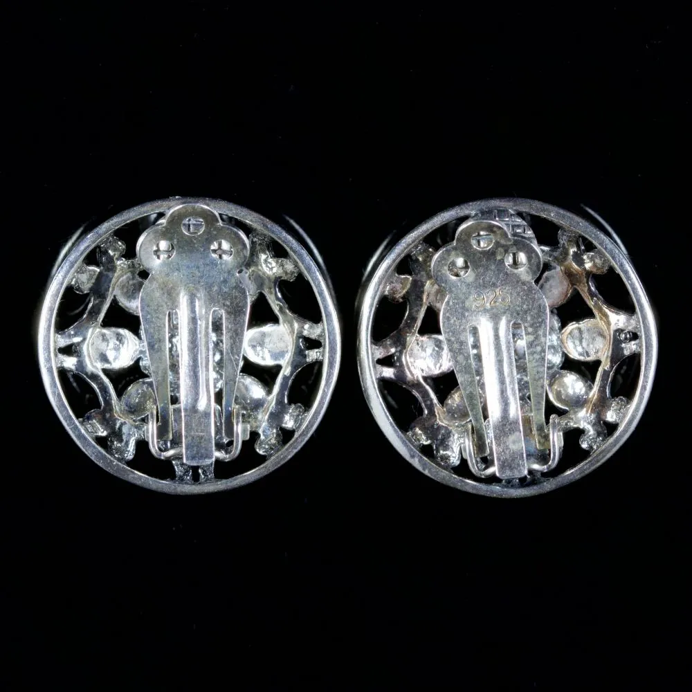 Victorian Style Marcasite Floral Clip On Earrings Silver