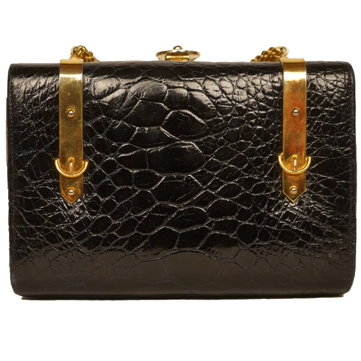 Vintage 1960s Patent Leather Box Purse Faux Alligator Handbag Holt Renfrew Italy