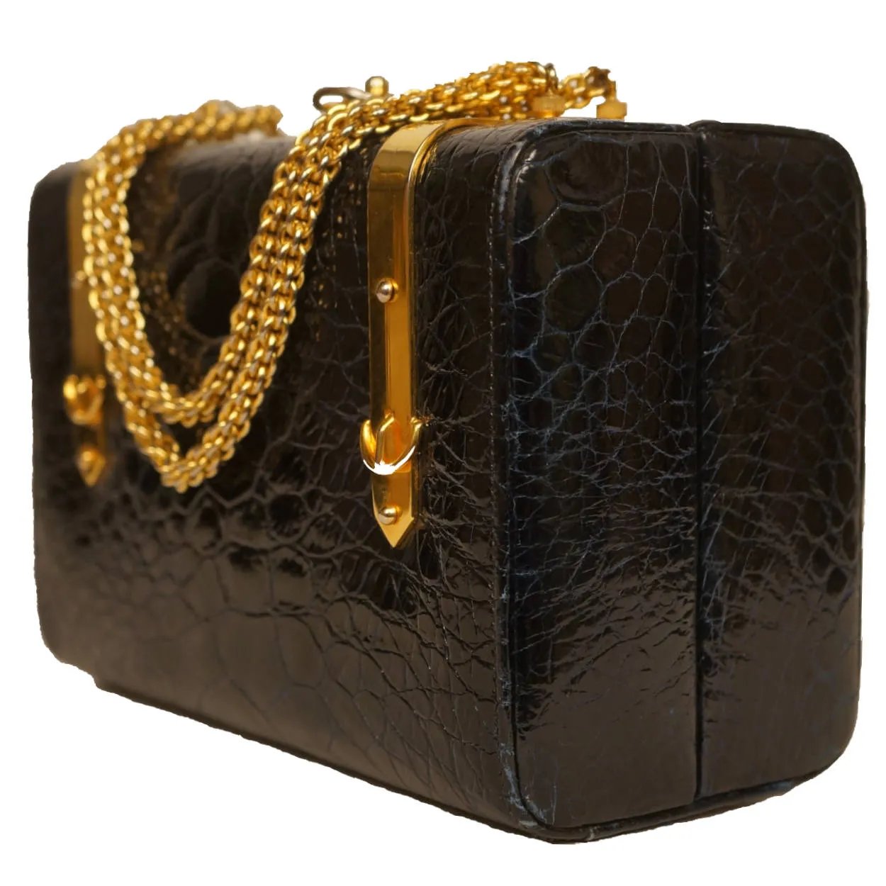 Vintage 1960s Patent Leather Box Purse Faux Alligator Handbag Holt Renfrew Italy