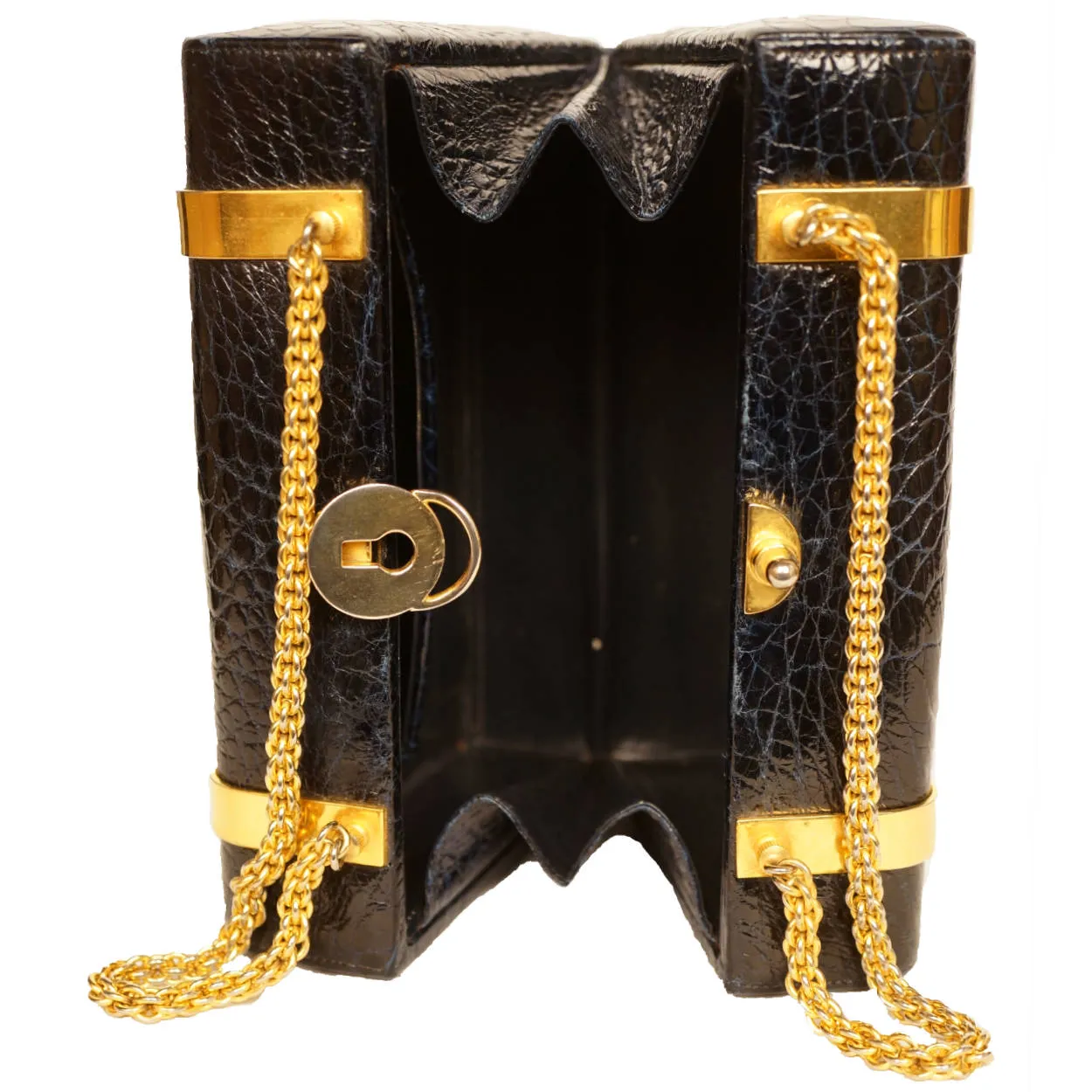 Vintage 1960s Patent Leather Box Purse Faux Alligator Handbag Holt Renfrew Italy