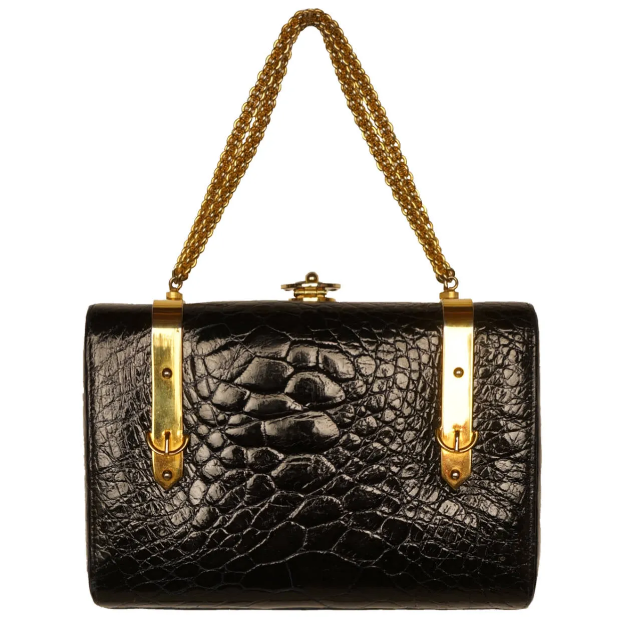 Vintage 1960s Patent Leather Box Purse Faux Alligator Handbag Holt Renfrew Italy
