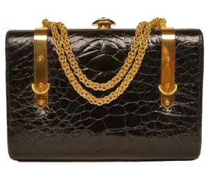 Vintage 1960s Patent Leather Box Purse Faux Alligator Handbag Holt Renfrew Italy
