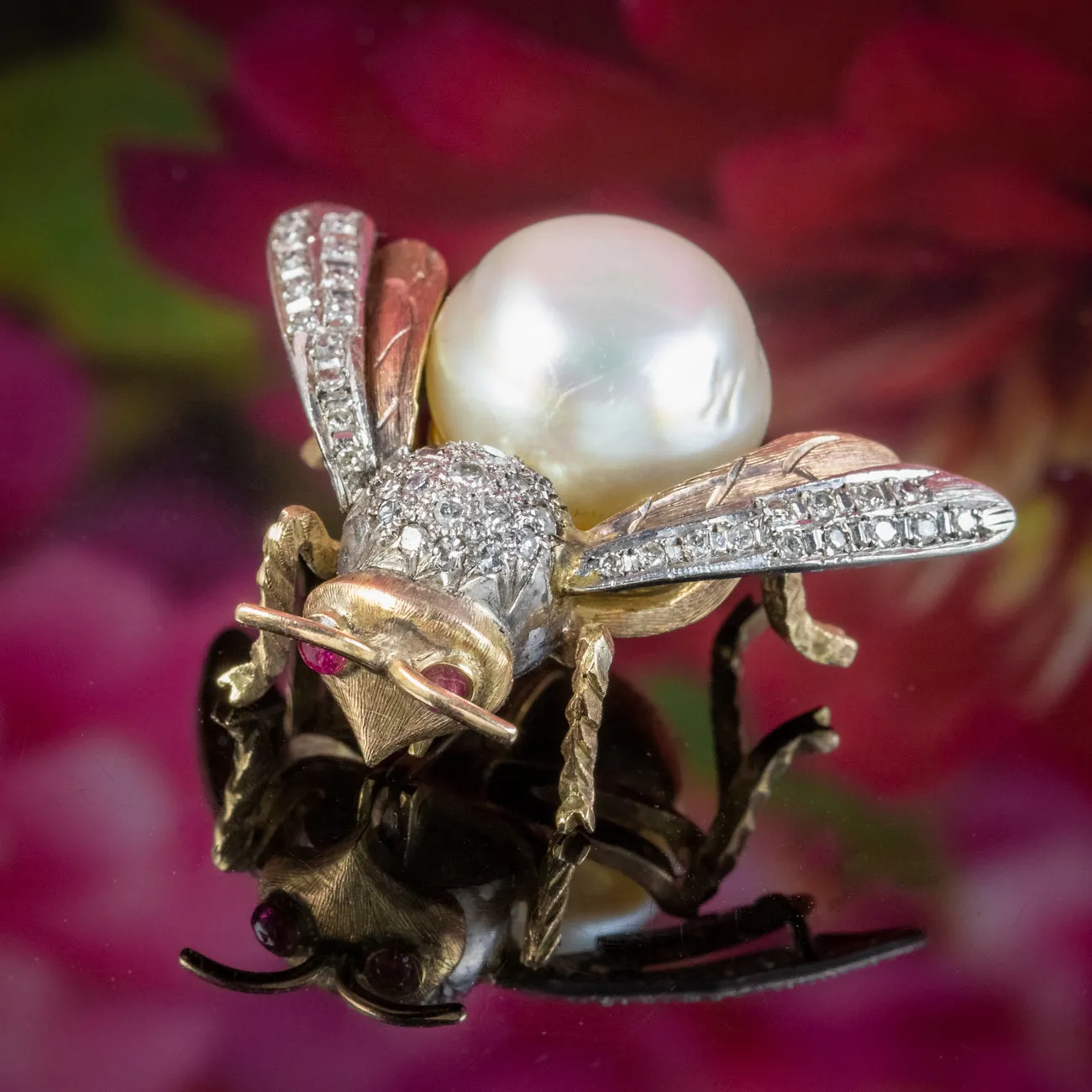 Vintage Diamond Pearl Bee Brooch 15ct Gold Platinum Ruby Eyes