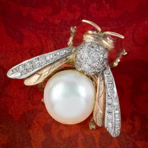Vintage Diamond Pearl Bee Brooch 15ct Gold Platinum Ruby Eyes