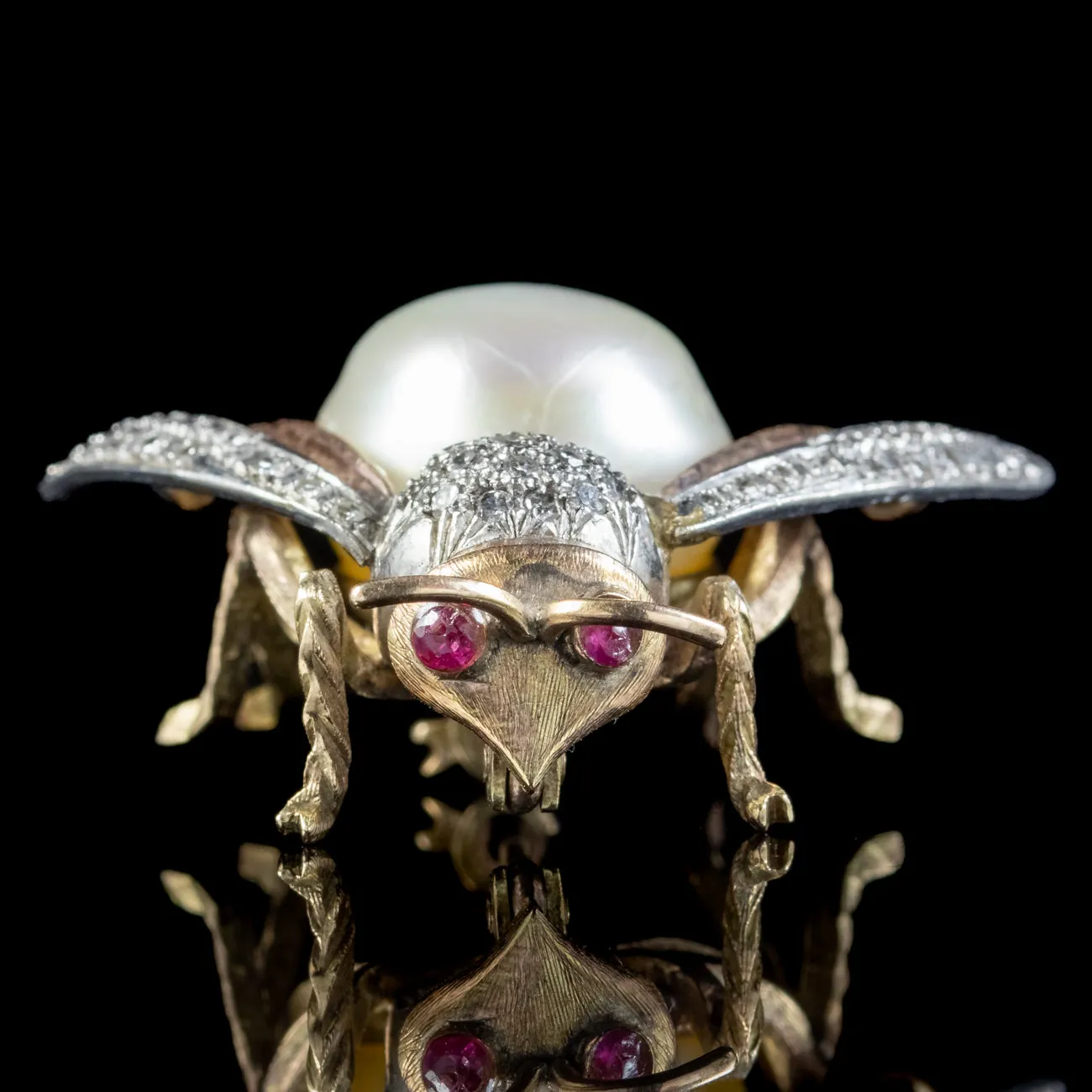 Vintage Diamond Pearl Bee Brooch 15ct Gold Platinum Ruby Eyes