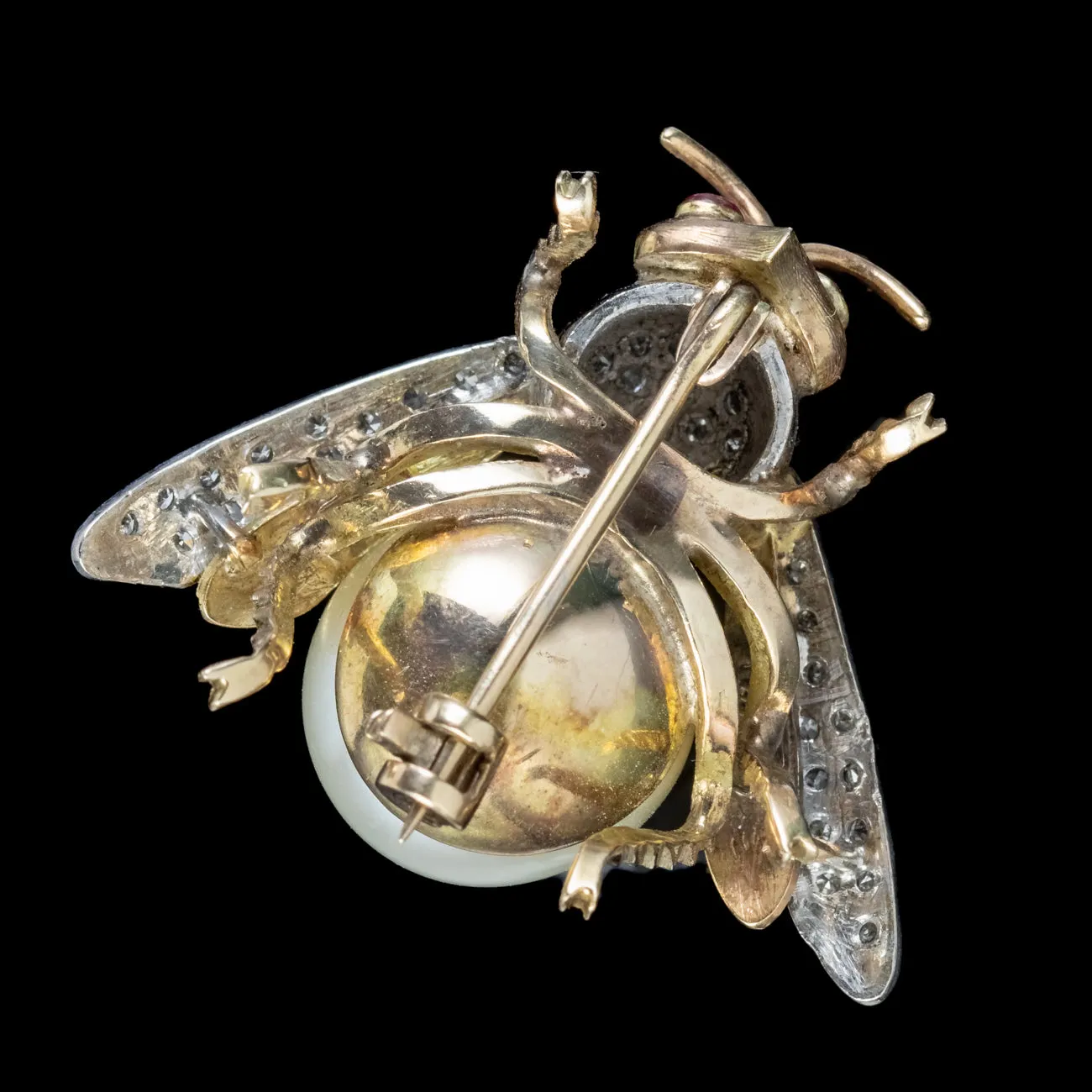 Vintage Diamond Pearl Bee Brooch 15ct Gold Platinum Ruby Eyes