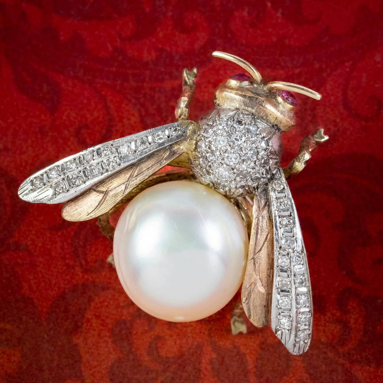 Vintage Diamond Pearl Bee Brooch 15ct Gold Platinum Ruby Eyes
