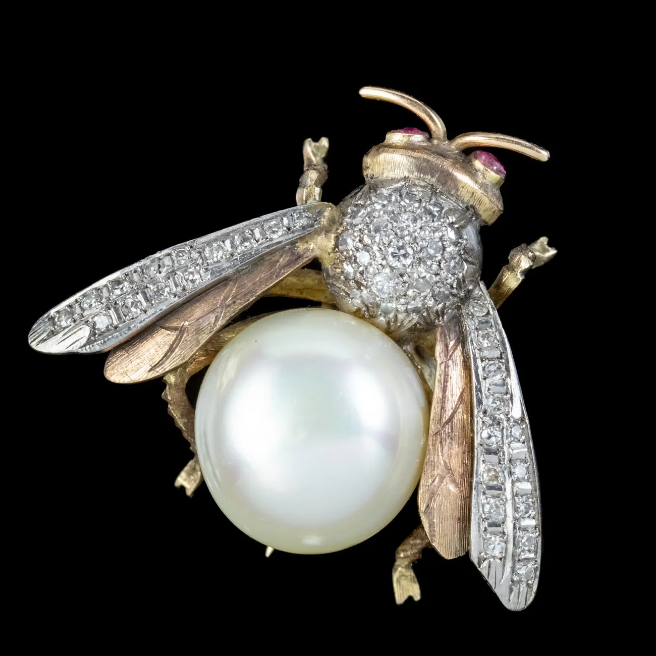 Vintage Diamond Pearl Bee Brooch 15ct Gold Platinum Ruby Eyes