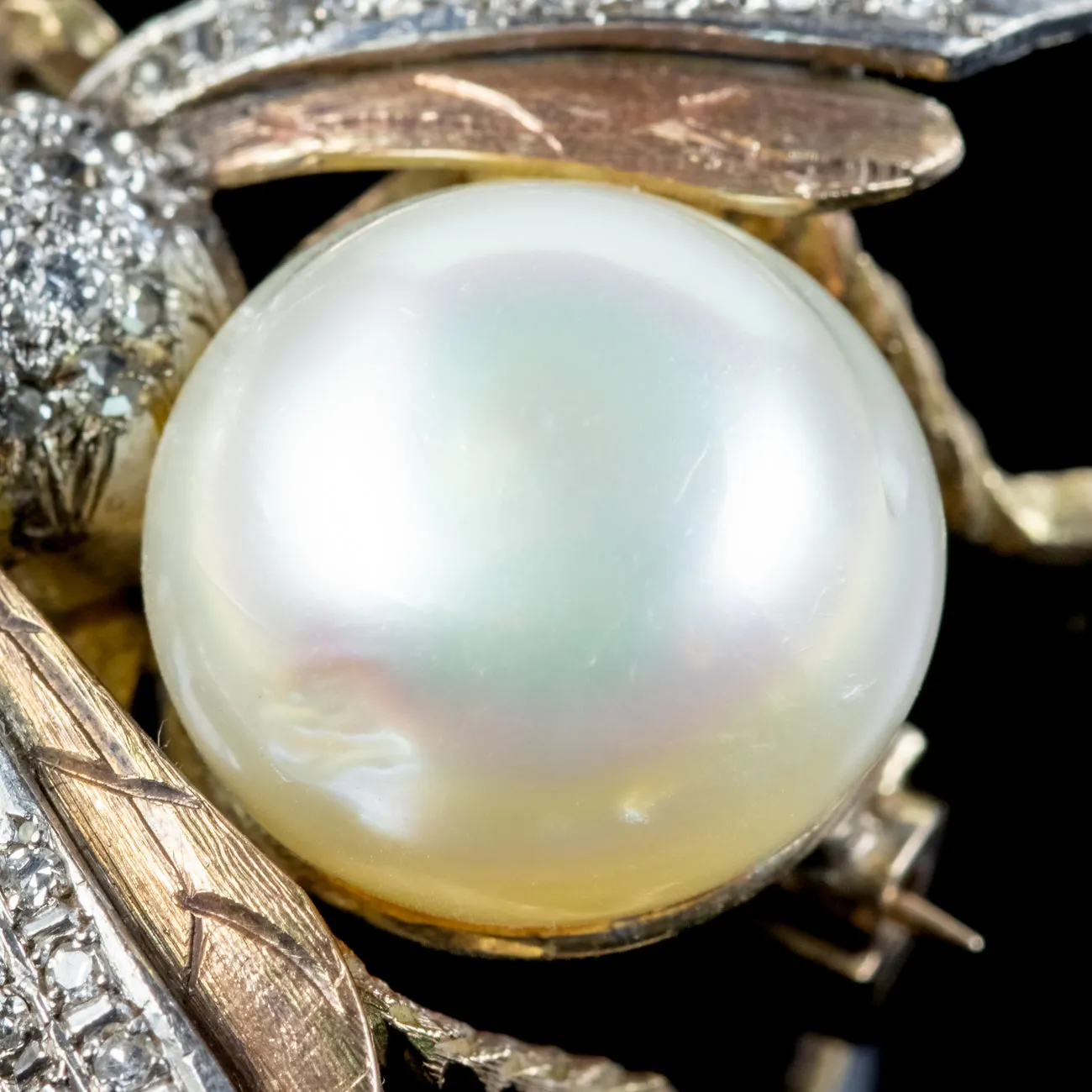 Vintage Diamond Pearl Bee Brooch 15ct Gold Platinum Ruby Eyes