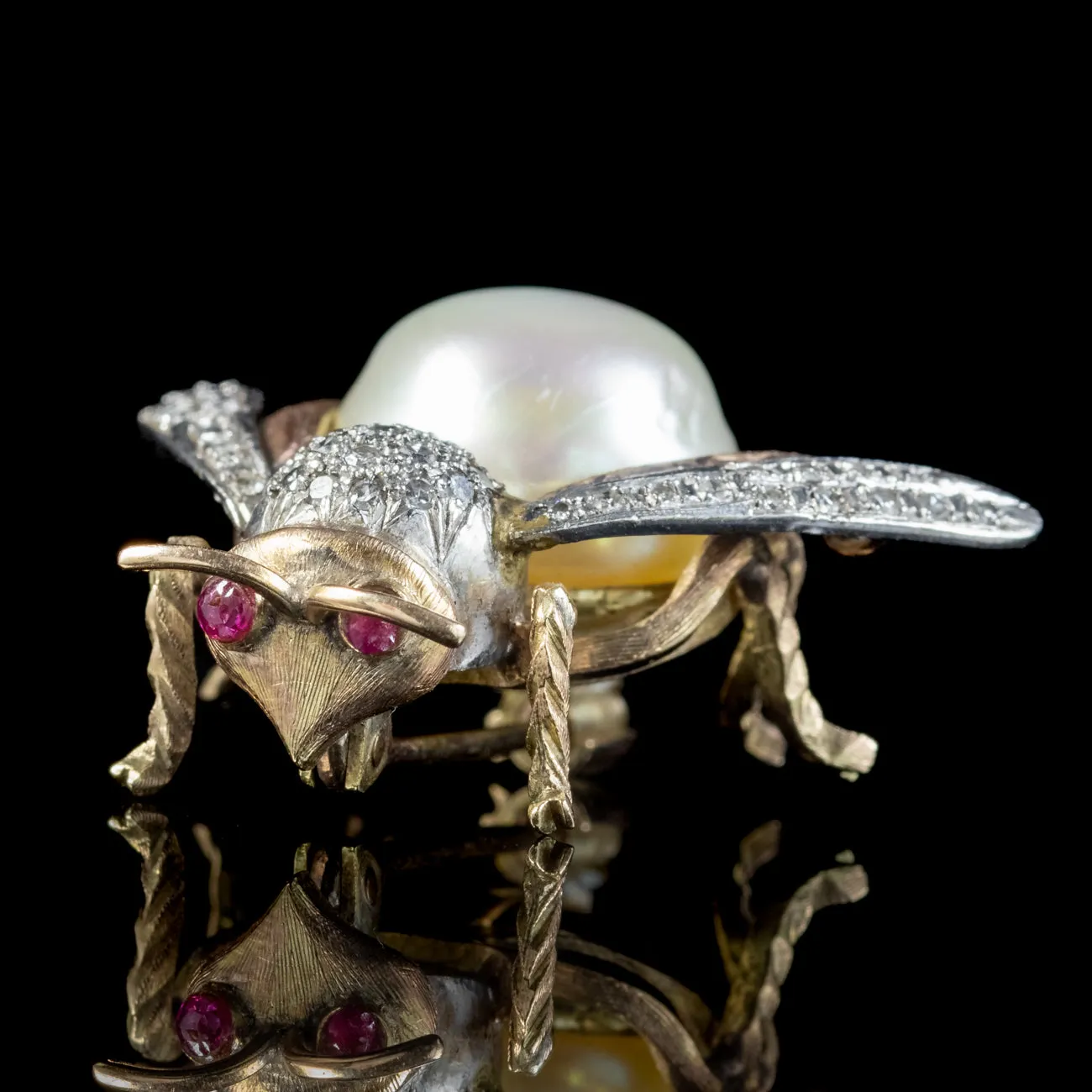 Vintage Diamond Pearl Bee Brooch 15ct Gold Platinum Ruby Eyes