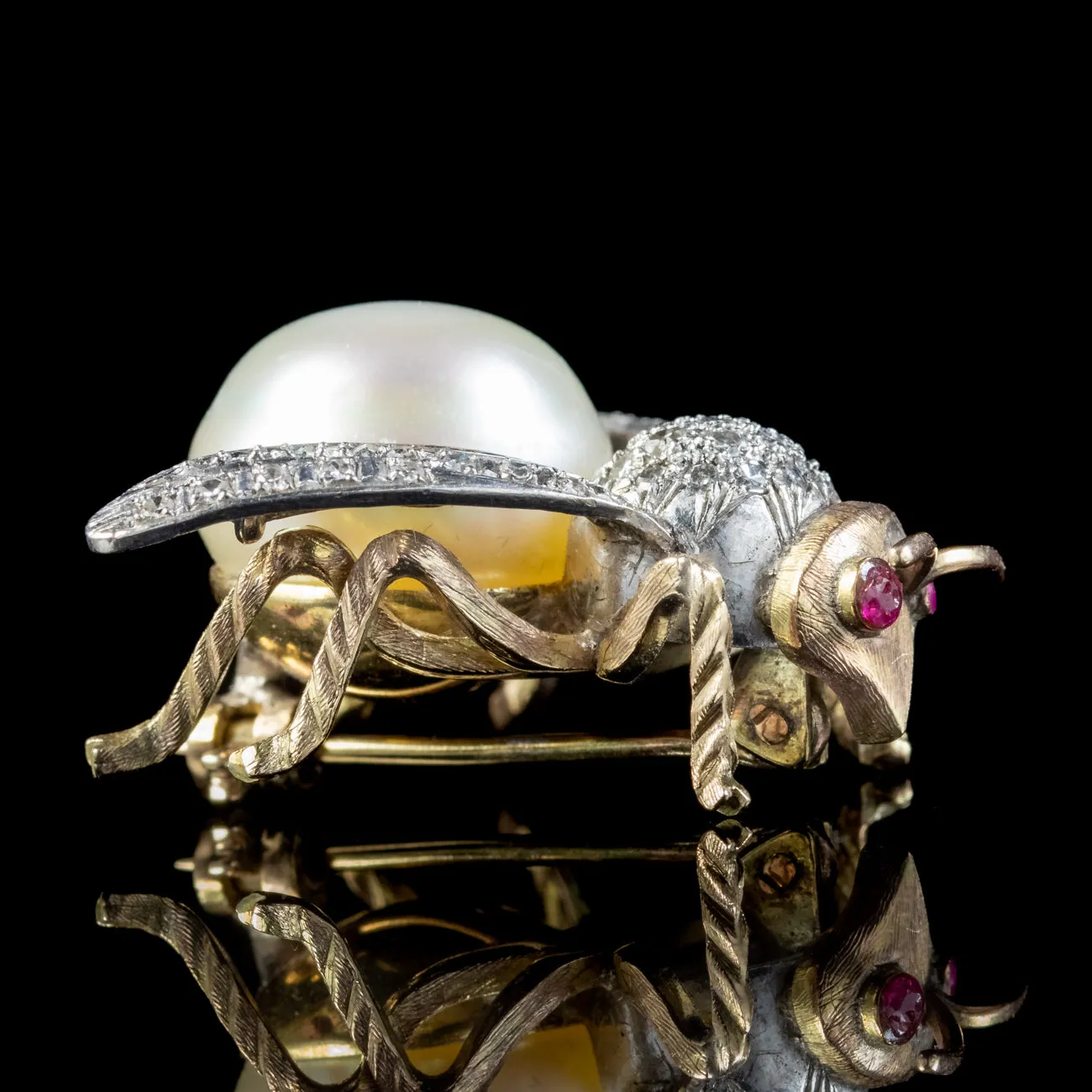 Vintage Diamond Pearl Bee Brooch 15ct Gold Platinum Ruby Eyes