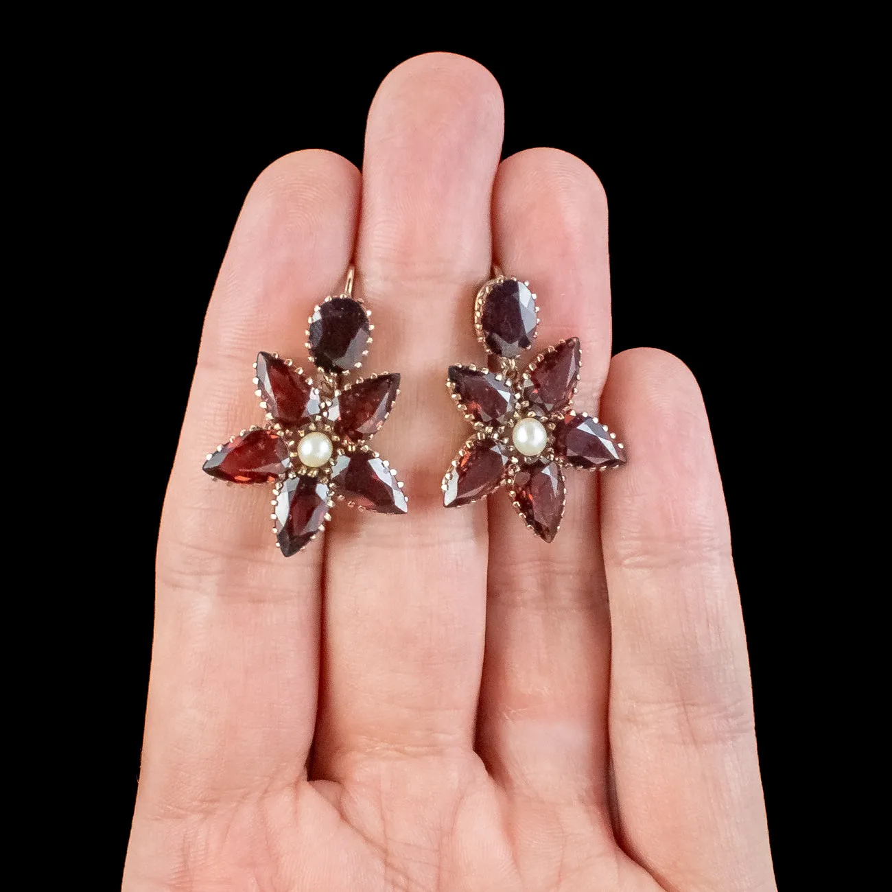 Vintage Garnet Pearl Flower Earrings 15ct Gold