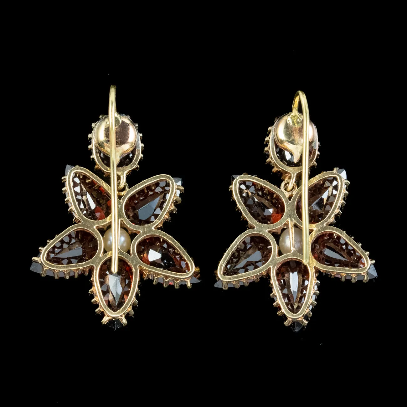 Vintage Garnet Pearl Flower Earrings 15ct Gold