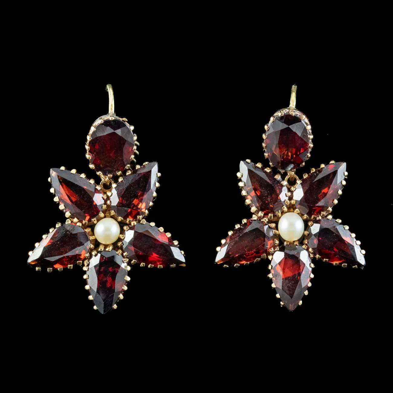 Vintage Garnet Pearl Flower Earrings 15ct Gold