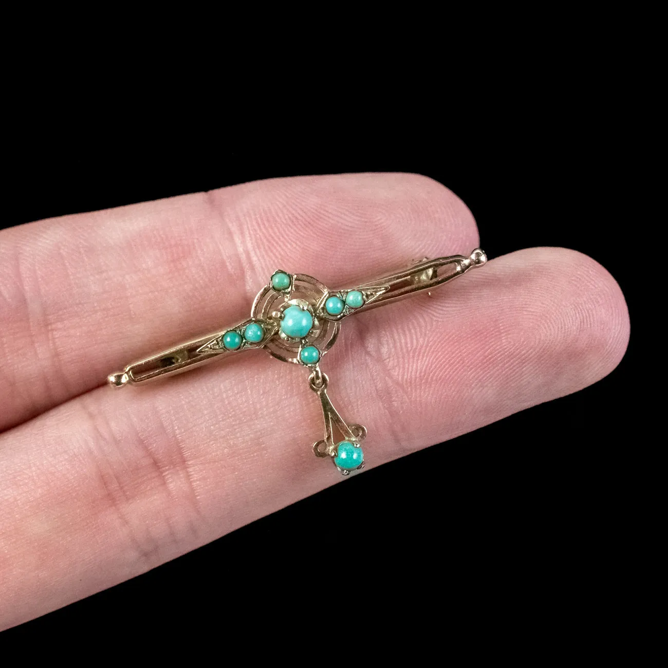 Vintage Turquoise Bar Brooch 9ct Gold With Box